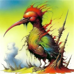 bagpipe fowl cryptid, sinister but beautiful, neo surrealism, by Gerald Scarfe, by Zdzislaw Beksinski, color pen illustration, sharp smooth composition.