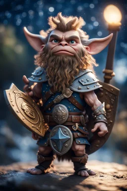 epic hero elven gremlin viking with wild hair, short ears, and big holy ornamented shield Under stjerners gnist Vi går som ett, vår tro et løfte ,bokeh like f/0.8, tilt-shift lens 8k, high detail, smooth render, down-light, unreal engine, prize winning