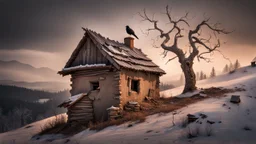 a lonely old adobe hut with worn adobe brown-gray wall and a small window, a crumbling roof, an old chimney stands on a hill, next to it is a small woodshed by the wall, and an old withered tree leans over the hut on thr old tree sitting a black crow, the hut stands on the edge of a European forest, winter, snowy landscape, low light, dawn, snow, high detailed, sharp focus, high realistic, perfect photo