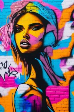 graffiti art on the brick wall portraying a female super model posing confidently, 8k, highly detailed, centered, epic composition, graffiti art, splash art, street art, spray paint, oil gouache melting, acrylic, high contrast, colorful polychromatic, ultra detailed, ultra quality, CGSociety