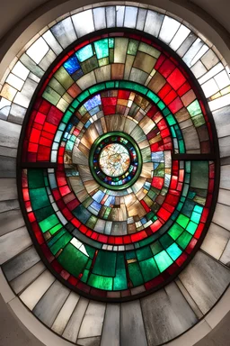 Red and green stained glass window going in a spiral