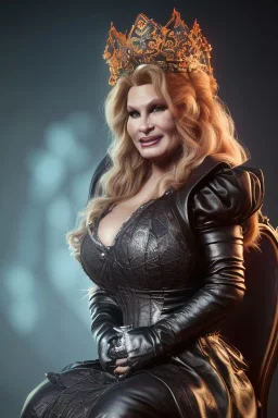 Jennifer Coolidge as evil queen in leather gown, sitting on a throne, cleavage, angry, stern look, unreal 5, octane render,cinema4d, dynamic lighting, dramatic lighting, 4k, redshift render, highly detailed, hyper realistic