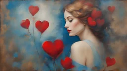 old painting, torn edges, blue, WOMAN, love, red heart, light, flower, double exposure, abstract surreal portrait, oil painting in impressionism, large strokes, airbrush effect, textured painting, antique style, vintage, semi-abstract, semi-realistic, surreal .