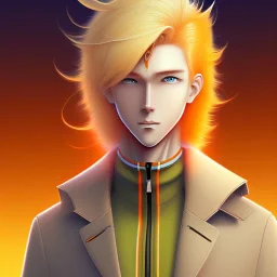 a man in a orange coat is standing in a field, blonde hair, concept art by Hiromu Arakawa, featured on pixiv, superflat, official art, anime, 2d