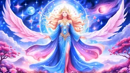 Create an image of a full body cosmic goddess. the goddess should be depicted as a beautiful and powerful figure, surrounded by cosmic stars. her hair should be long, blond and flowing, and she should be dressed in a flowing gown blue celestial robe. in the background, include imagery of pink flowers, blue sky, trees. the image should evoke a sense of joy, celebration, and spiritual connection to nature.