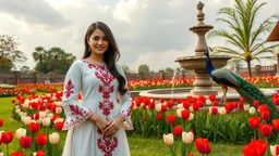 Hyper Realistic Photographic Long View Of A Beautiful Pashto Woman (With Beautiful Eyes Lips & Nose, & Long Black Hair; Wearing White Frock With Maroon Embroidery) Happily Standing & Smiling In A Beautiful Colorful Flower Garden With Red & White Tulips With Fancy Stone Water Fountain & A Peacock (With Colorful Wings) Walking On The Grass Around Her At Beautiful Cloudy Sunny Day Showing Dramatic & Cinematic Ambiance.