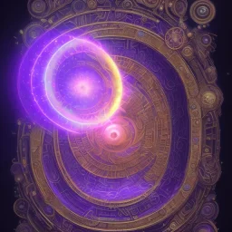 Galactic spiral, Ancient elemental powerful God of the Black sun, Great Huge Violet fluorescent gate halo around head, wavering pools of reflective purple bright lights bright stars spiraling small comets in space, keeper of hidden horoscope