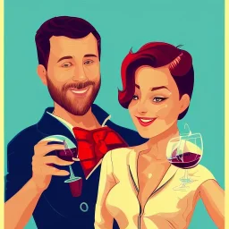 Adwertisment wine label. A woman lady in her 40 and her male colleague with short hair, with muscles, without glasses- drinking fresh red wine with smiles. funny, ,simple drawing.