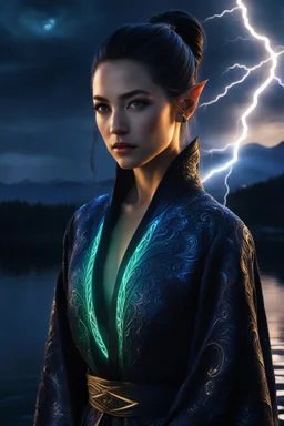 dark black eyes, female elf, dark high ponytail hair, detailed glowing ornamental magical pattern robe, glowing gem crackling with lightning implanted on robe, 8k, high detail, lake background, midnight, facing viewer, front facing