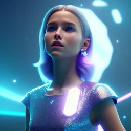 A portrait of a crystalised girl,smiling, longs blond hairs, galactic dress, atmospheric, realistic, cinematic lighting, octane render, purple and blue light, nebula