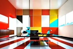 a double Bauhaus balancing in a Bauhaus room; UHD photo, photo-realism, (((great verticals))), (((great parallels))), warm colors of white, red, and sky blue