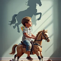 My Gemini prompt/Pixverse animation. Prompt: A square digital painting of a young boy sitting on a rocking horse in his bedroom, his translucent light grey shadow which is on the wall beside him depicting an outline of a boy galloping a real horse, the image depicts the dreams child have. Hyper-realistic hyper-vibrant hyper detailed