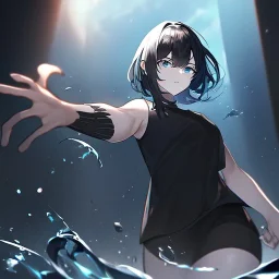 Clear focus,High resolution, black short fluffy hair, long fluffy bangs, and dark blue eyes, Depressed girl, wearing a black short shirt with a black sleeveless crop top, dark aura, controlling water, in a black room