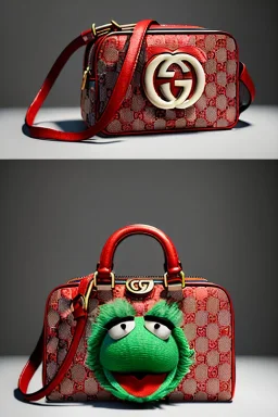 Gucci bag made by muppet face, Sesame Street style, retro style, photo studio, unreal engine 5, god lights, ray tracing, RTX, lumen lighting, ultra detail, volumetric lighting, 3d.