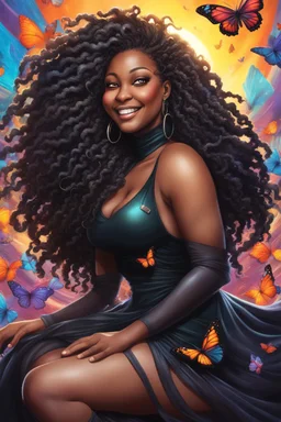 vibrant magna futurism image, airbrush, 48k, cartoon art image of a black curvy female sitting to the side smiling with a large mane of tight curly long dread locs flowing through the wind, she is wearing a black maxi dress. prominent makeup with hazel eyes, highly detailed hair, background bright colorful BUTTERFLIES surrounding her, dystopian