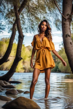 beautiful girl coming toward camera in trees next to wavy river with clear water and nice sands in floor.camera capture from her full body front