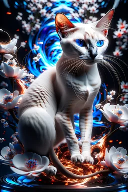 breathtaking cinematic 3D render illustration of a slender purebred Siamese cat, featuring its iconic wedge-shaped head, large ears, piercing blue eyes, and a mesmerizing smooth flat coat. The cat is surrounded by delicate apple blossom flowers and framed by intricate line art, highlighting its fine details. The composition bursts with vibrant splashes of fire and ice, seamlessly blending these elements. Dynamic water splashes add drama, and a black background accentuates the rich color palette