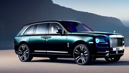 Black Luxury Rolls Royce Cullinan , Photorealistic, 4K, Ultra Detailed, Front Quarter View