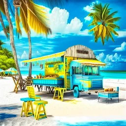 A wonderful palm beach on an exotic tropical island, white sand, crystal blue water, a wooden dock with green, yellow and blue wooden chairs, a food truck