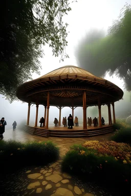 Iranian theatre, vernacular architecture, void in the ground, in jungle of Alborz mountain ranges, wooden structure, sloped roof, wealth of flora, with dancing performance, fog and rain, light ray