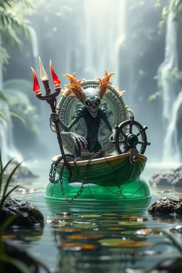 action figure of a glossed an transparent chained and crucified alien electric racoon necromancer on round swamp transparent glass obcidian boat beholder eye wheel throne in a charged foggy jungle starry waterfall, blur background to make character pop out