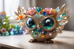 closeup, cute chibi sleeping owl fairy, Coloured glass flowers set with gemstones, glittering metal stems and gemstone leaves on a room table sharp focus elegant extremely detailed intricate very attractive beautiful dynamic lighting fantastic view crisp quality exquisite detail in the sunshine gems and jewels