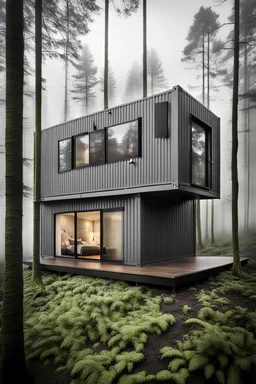 Modern style 3-story container home surrounded by a foggy bog. Photograph.