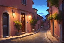 High definition, sharp edged, painting of a small and inviting Italian house, along a curved street, alley way, restaurant with a beautiful courtyard, an inviting door, small archway, pretty flowers, steps, a window, and with attractive blue hour lighting at dusk