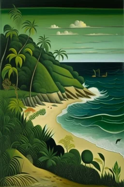 A green beach near cliffs painted by Henri Rousseau