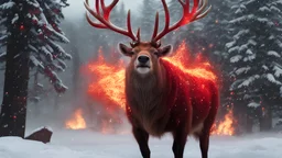 a red angry Reindeer full of blistering rage expressed by fire and brimstone raining down onto a wintery scenario, santa claus is looking on in fear , detailed, realistic, 8k uhd, high quality