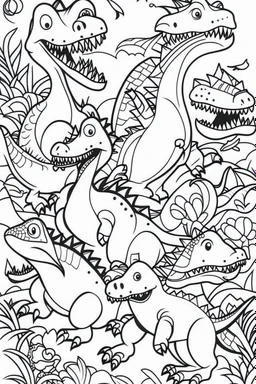 mural of cartoon dinosaur drawings in black and white to color