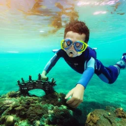 a boy diving in the ocean with diving gear and finds ancient treasure chest, photo realistic, bright, happy