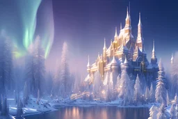  white and gold crystal castle，waterfall, winter snow flakessnow, northern Lights, full of details, smooth, bright sunshine，soft light atmosphere, light effect，vaporwave colorful, concept art, smooth, extremely sharp detail, finely tuned detail, ultra high definition, 8 k, unreal engine 5, ultra sharp focus