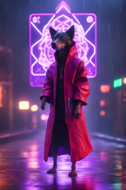 Volumetric fog smack yoga dog snake lights,paradise sacred geometry framed playing card, black, red, spore and purple neon cyber punk dancer priestess teurgist in soaked rain coat shadows boss card in the style of escher and fallout 4 ,,bokeh like f/0.8, tilt-shift lens 8k, high detail, smooth render, down-light, unreal engine