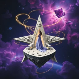 A surreal cosmic scene featuring an elegant woman in a flowing lavender and blue gown standing at the center of a massive five-pointed star-shaped platform floating in deep space. The star is constructed from intricate architectural elements - miniature buildings, geometric cubes, and stone blocks arranged in a mosaic pattern. Golden luminous trails and swirling energy ribbons spiral around the star's points. The background features a breathtaking nebula with purple, pink, and blue cosmic clouds