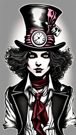 a close up of a person wearing a hat with a clock on it, female mad hatter, mad hatter, the mad hatter, the madhatter, alice in wonderland style, alice in wonderland cyberpunk, like alice in wonderland, portrait of alice in wonderland, the rad hatter, from alice in wonderland, alice in wonderland, grim-hatter