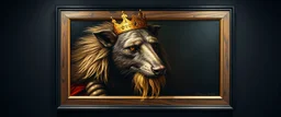 king weasel in style of Rembrandt and Fallout 4, with motion blur, all on a painting on wall with black wooden frame and with black wall background