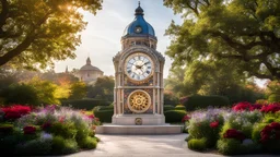 A majestic clocktower standing in the center of a timeless sanctuary, surrounded by gardens that bloom with flowers from every season. The clocktower's face is an intricate mosaic of gears and gemstones, and its chimes resonate with a magical, harmonious melody. Award-winning photograph, 80mm focal length, rule of thirds.