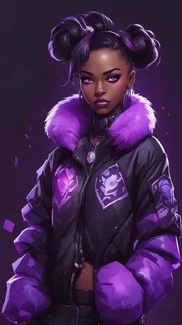 arcane tv show style, league of legends, solo, 1girl, attractive teenager, african, dark skin, dark-brown eyes, black hair, pair buns, (violet strand in forehead bang), bullet necklace, earrings, modern makeup, (detailed skin texture), black oversize puffy jacket with fur collar, black top with acid-violet abstract print, dark background, bokeh