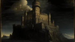 A giant sinister castle above the dark night sky painted by Leonardo da Vinci