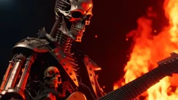 4k ultra details maximum. Terminator sans peau joue de la guitare electrique entouré de flammes