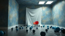 The image depicts a surreal interior space featuring a textured, abstract wall with a blue and gold color scheme. In the center, a large, flowing white fabric or sheet appears to be suspended in mid-air. The floor is wet, reflecting light, and scattered across it are various blue and black spheres. A modern red chair is positioned in the room, and there are bright light sources from a couple of square openings in the ceiling.