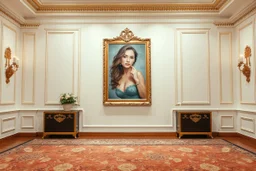 a very beautiful lady upper body photo in pretty frame hanging a wall in a luxury galery stage with carpets in floor