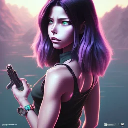 revy black lagoon, purple hair, black tank top, jean shorts, tribal sleeve left arm, portrait shinkai makoto, studio ghibli, studio key, madhouse anime studio, artgerm, lau rossdraws james jean marc simonetti pixiv