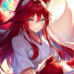 Clear focus, 8k, beautiful lighting, vibrant colors, fox girl, red hair, long hair, white eyes, miko, tail, smile,