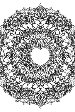 kids coloring page, mandala of flowers and hearts, cartoon style, thick lines, low detail, no shading