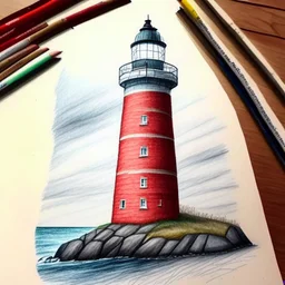 A colored pencil drawing of the brick lighthouse Lista Lighthouse in Norway