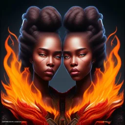 3D. Detailed Painting .realistic. Dark skin women. Beautiful. the faces of two young black women. Warm. Fire nymphs emerging from the flames.red.. Energy. Focus. THeir hair looks like smoke .smoke curling. Dreadlocs. Their skin is the colour of charcoal . Their hair moves like smoke. . their clothing is made of flames, red. Orange. Yellow. White and gold