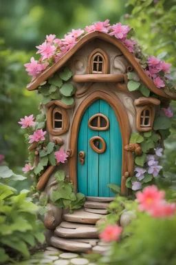 A whimsical fairy house with a door nestled within a vibrant garden, featuring winding vines and blooming flowers.