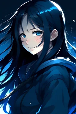 Black hair, long hair, girl, black hoodie, long pants, shining blue eyes, katana behind her back, smile, blushes